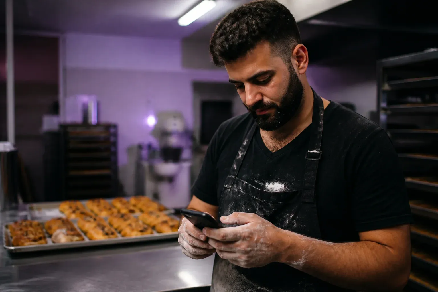 ידיים של אופה מחזיקות טלפון בחדר האחורי של מאפייה ליד מגשי מאפה