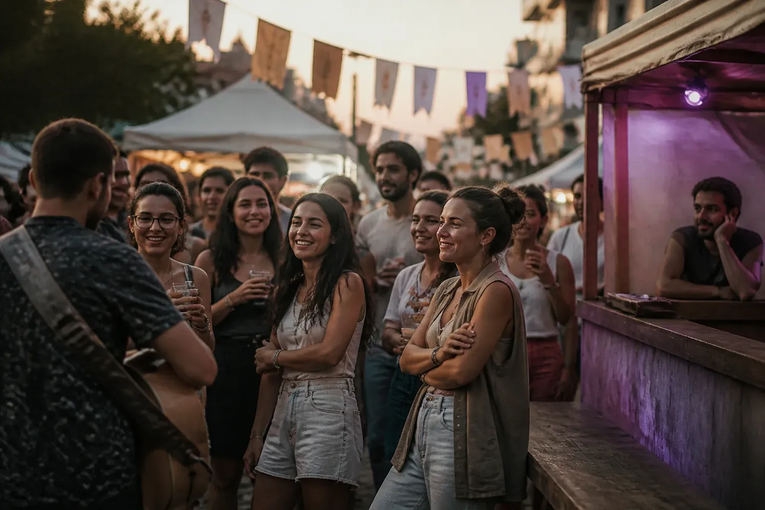 קהל צופה בנגן ברחוב ואיש מאחורי דוכן סמוך מחכה ללקוחות