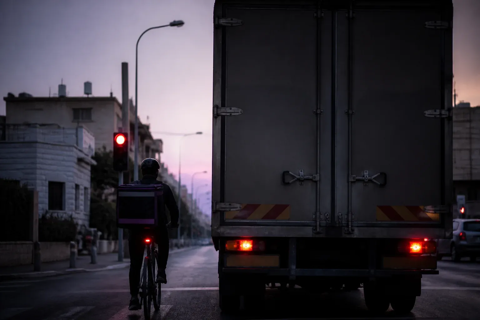 שליח על אופניים עומד ברמזור אדום לצד משאית חלוקה גדולה