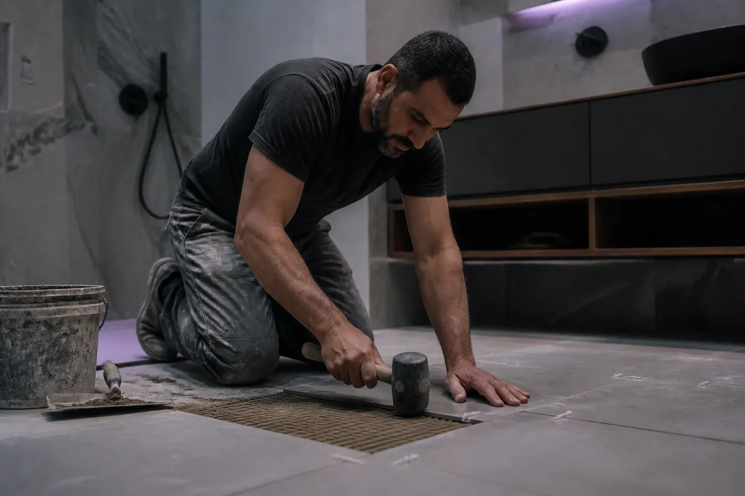 שיפוצניק כורע על רצפת חדר רחצה ולוחץ אריח קרמי לדבק בעזרת פטיש גומי