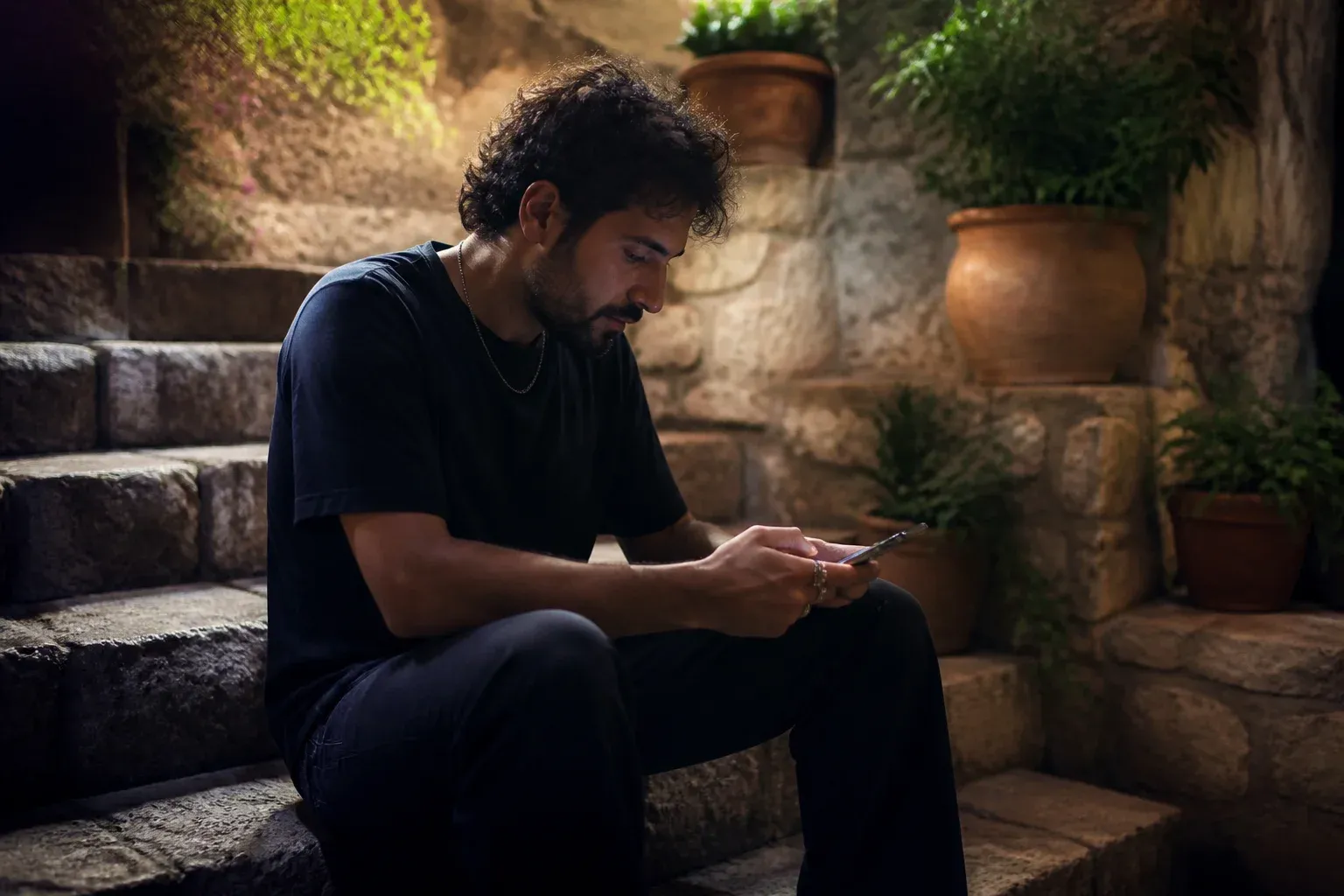 אדם יושב על מדרגות בחצר ומחליק באגודל על מסך טלפון מטושטש