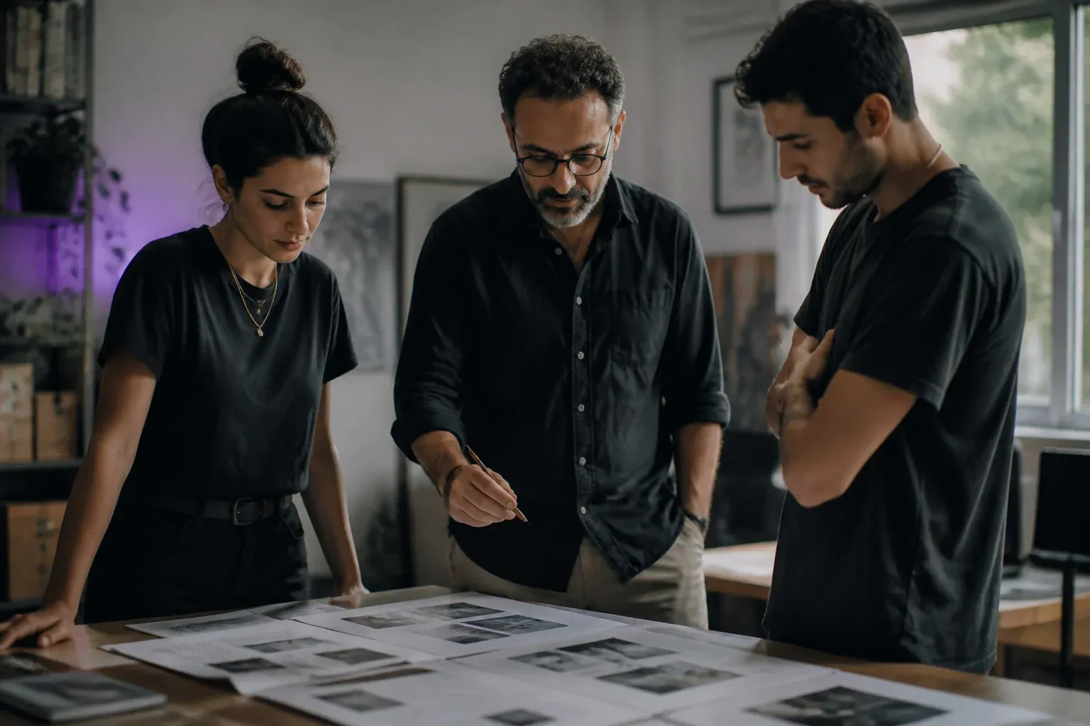 שלושה אנשים סביב שולחן בחדר קטן של סוכנות מסתכלים על דפי הדפסה מטושטשים