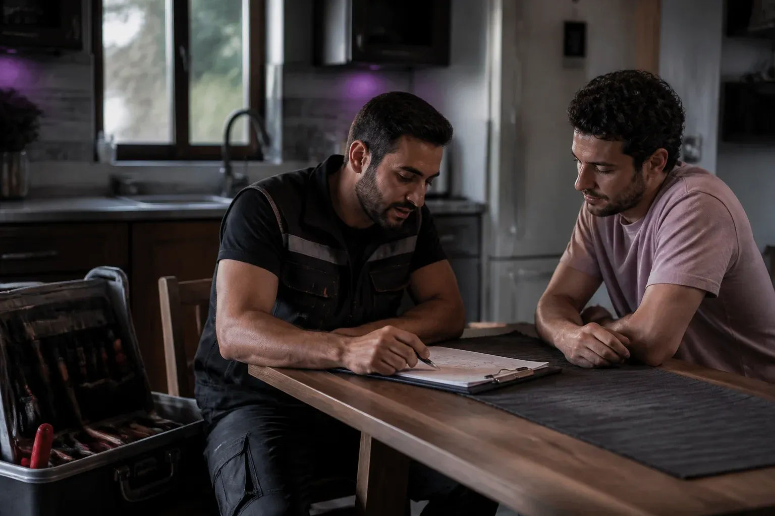 חשמלאי בווסט עבודה יושב מול בעלת בית ליד שולחן ועובר איתה על דפים בלוח כתיבה