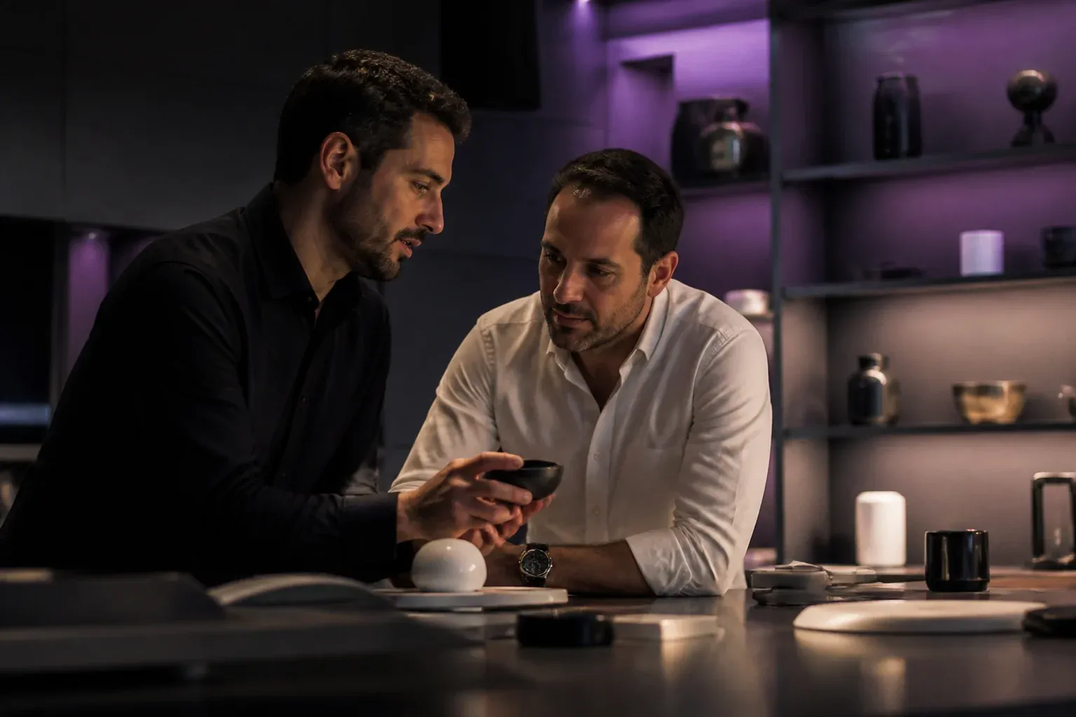 מייסד מציג דוגמת מוצר ללקוח עסקי באולם תצוגה קטן