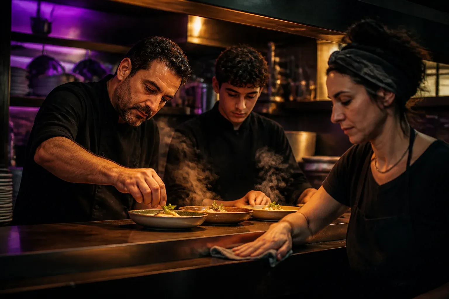 שף ובנו המתבגר מגישים מנות במטבח מסעדה משפחתית